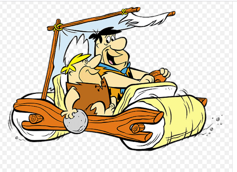 Fred et Barney dans leur véhicule, publicité d'époque