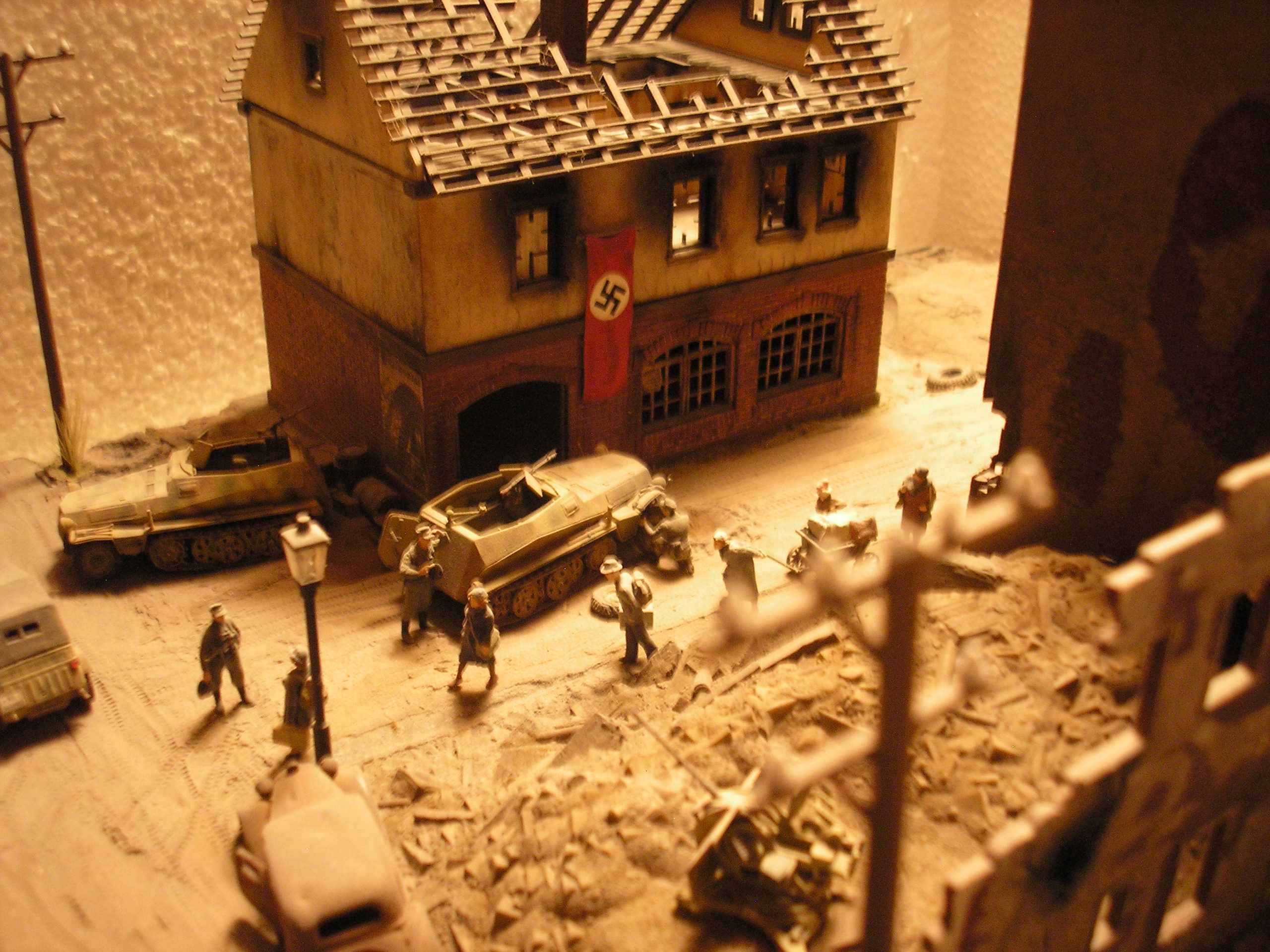 A view of a burned out headquarters building